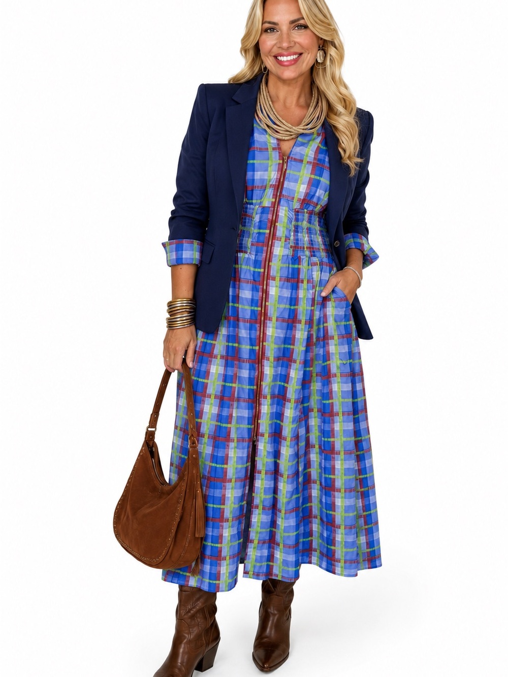 Fate Blue Checkered Plaid Midi Zip Dress NWOT